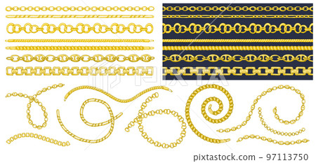 Set of brush patterns with retro hand-drawn sketch golden chain on dark background. Drawing engraving texture. Great design for fashion, textile, decorative frame, yacht style card. 97113750