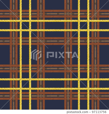 Seamless pattern with realistic hand drawn golden chains and brown leather belt Doodle sketch on dark blue background Square luxury ornament for fabric fashion design, web banner 97113756