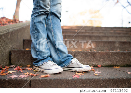 Stairs with fallen leaves and women's feet Stairs with fallen leaves and women's feet 97115492
