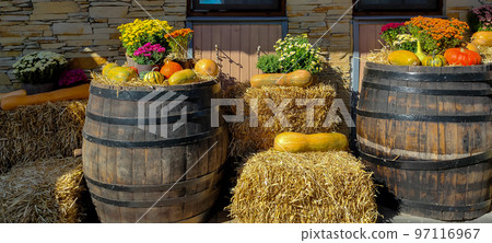 Autumn installations hay flowers and pumpkins 97116967
