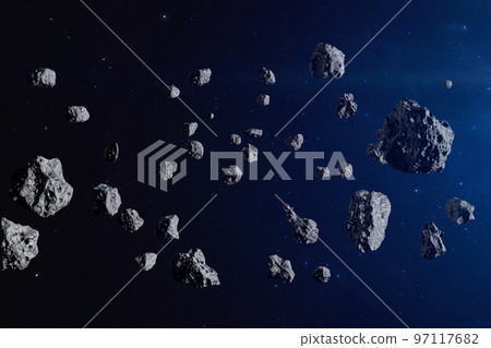 Many asteroids in space. Many asteroids in space. 97117682