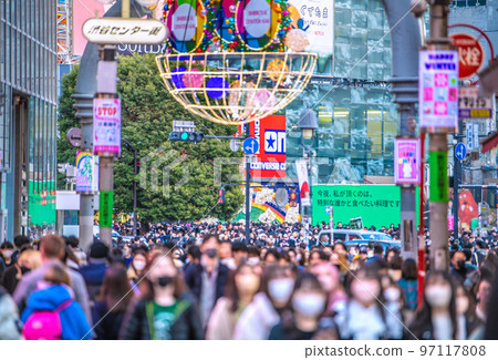 Cityscape of Tokyo, Japan: View of Shibuya Station from Shibuya Center Gai... In front of the station is the flow of people before the corona crisis... = December 10 Cityscape of Tokyo, Japan: View of Shibuya Station from Shibuya Center Gai... In front of the station is the flow of people before the corona crisis... = December 10 97117808