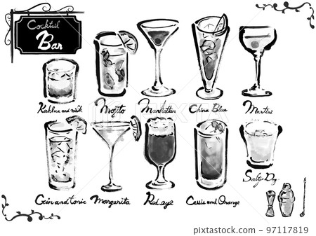 各種雞尾酒的手繪插圖集,黑白,單色,單色, 各種雞尾酒的手繪插圖集,黑白,單色,單色, 97117819