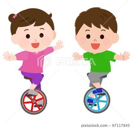Illustration of a girl and a boy riding a unicycle 97117845