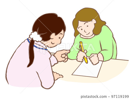 Illustration of a young woman filling out an application form while listening to the staff's explanation 97119199