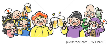 Illustration of the Seven Lucky Gods having a banquet with alcoholic beverages such as beer, side by side 97119719