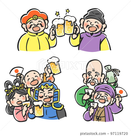 Illustration of the Seven Lucky Gods having a party with beer and other alcoholic beverages 3 cuts 97119720