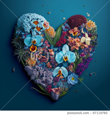 Heart. Love. Heart shape made out of flowers, orchids, herbs and leaves on blue background 97119760