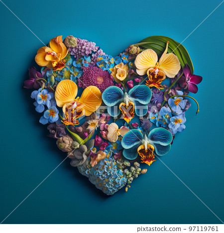 Heart. Love. Heart shape made out of flowers, orchids, herbs and leaves on blue background 97119761