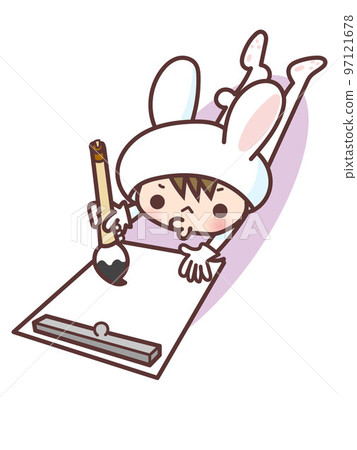 A child in a rabbit costume doing calligraphy 97121678