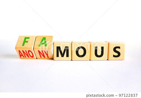 Famous or anonymous symbol. Concept word Famous and Anonymous on wooden cubes. Beautiful white table white background. Business famous or anonymous concept. Copy space. Famous or anonymous symbol. Concept word Famous and Anonymous on wooden cubes. Beautiful white table white background. Business famous or anonymous concept. Copy space. 97122837