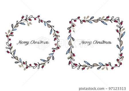Christmas frames set. Winter holiday wreath, square board. Cute doodle hand drawn illustrations. Branches, leaves, berry drawings. White background. Vector Christmas frames set. Winter holiday wreath, square board. Cute doodle hand drawn illustrations. Branches, leaves, berry drawings. White background. Vector 97123313