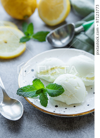 Homemade citrus lemon ice cream with mint Homemade citrus lemon ice cream with mint 97123773