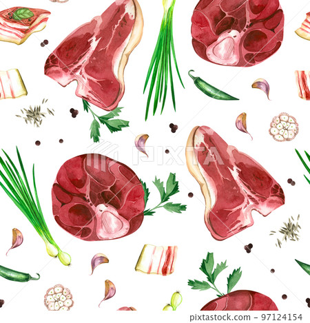 Seamless pattern on the theme of cooking. Meat steaks, bacon, garlic, green onions and peppers on a white background. All elements are hand-drawn in watercolor. For menu, books, printing, design Seamless pattern on the theme of cooking. Meat steaks, bacon, garlic, green onions and peppers on a white background. All elements are hand-drawn in watercolor. For menu, books, printing, design 97124154