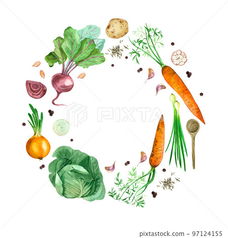 Vegetables. Watercolor drawing, hand-drawn seasonal vegetables in watercolor on a white background. Carrots, beets, peppers, cabbage, garlic, kitchen utensils. For menu, books, print, fabric 97124155
