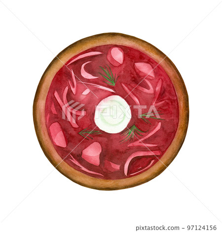 Borsch. A plate with borscht, soup with sour cream and dill in a brown plate. All elements are hand-drawn in watercolor on a white background. For menus, books, printing, textiles Borsch. A plate with borscht, soup with sour cream and dill in a brown plate. All elements are hand-drawn in watercolor on a white background. For menus, books, printing, textiles 97124156