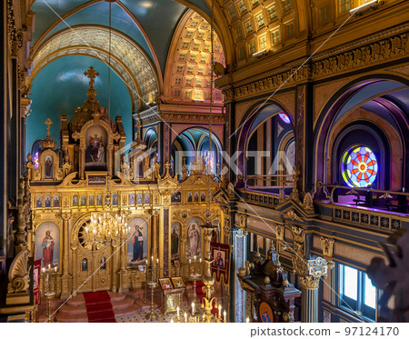 Interior of Bulgarian St. Stephen Church, or Sveti Stefan Kilisesi, an Orthodox church in Balat, Istanbul, Turkey 97124170
