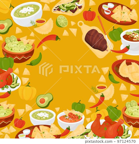 Square poster mexican food. Quesadilla, Tacos, guacamole with nachos, Tomato Soup, Empanadas, Mexican Achiote Chicken, Roasted Pork Leg Grilled on yellow background. Vector illustration 97124570