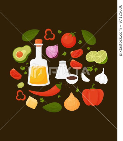 Collection of vegetables and fruits on black background. Vector illustration. Isolated products in cartoon style. 97125036