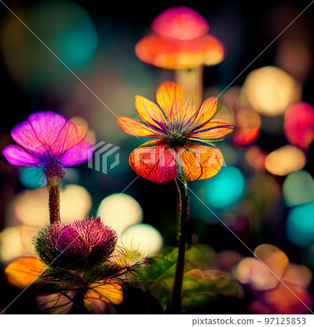 Orange, pink and purple abstract flower Illustration for prints, wall art. 97125853