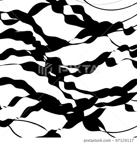 Abstract pattern with linear waves and blots. Grunge black and white background. 97129117