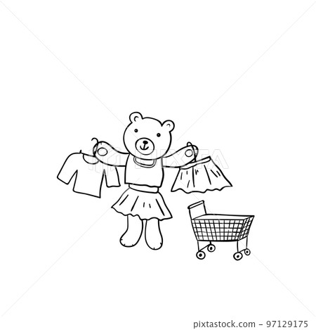 Hand drawn sketched illustration of cartoon bear. Funny animal go shopping. Coloring book, card, poster element. Hand drawn sketched illustration of cartoon bear. Funny animal go shopping. Coloring book, card, poster element. 97129175
