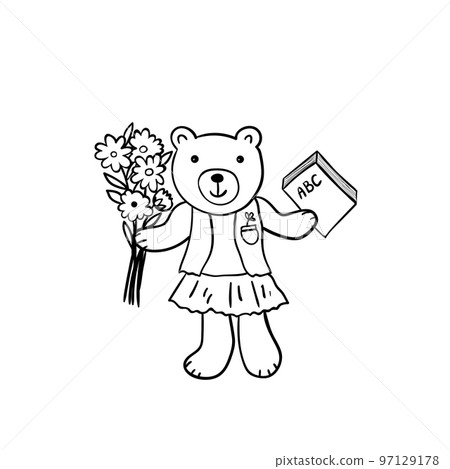 Hand drawn sketched illustration of cartoon bear with bouquet of flowers and school book. Funny animal. Coloring book, card, poster element. Hand drawn sketched illustration of cartoon bear with bouquet of flowers and school book. Funny animal. Coloring book, card, poster element. 97129178