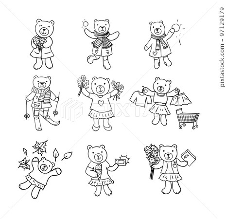 Hand drawn sketched collection of cartoon bear. Funny emotional animals set. Bears skiing, playing snow balls, holding bouquets of flowers, go shopping and sunbathe. Coloring book, card, poster, 97129179