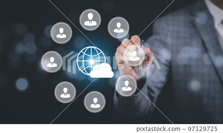 Businessman with line connect to data information on the cloud icon with people and computing network, Backup Storage Data Internet, networking and digital, Share global, and technology, concept. Businessman with line connect to data information on the cloud icon with people and computing network, Backup Storage Data Internet, networking and digital, Share global, and technology, concept. 97129725