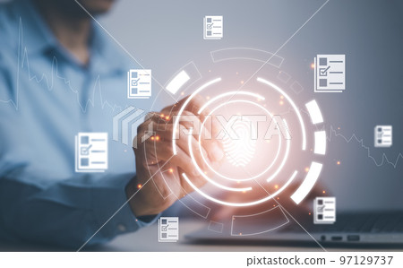 Hand using laptop and touch folder of document Management System, online documentation database and process automation to efficiently manage files work, knowledge, Corporate business technology, 97129737