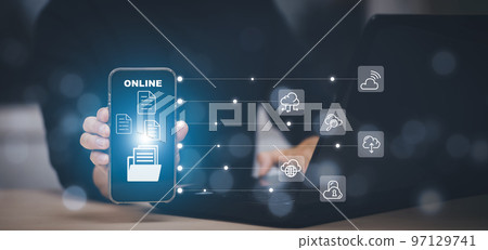 Hand hold smartphone and folder of document Management System, online documentation database and process automation to efficiently manage files work, knowledge, Corporate business technology. Hand hold smartphone and folder of document Management System, online documentation database and process automation to efficiently manage files work, knowledge, Corporate business technology. 97129741