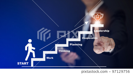 Businessman hand touch stairs icon , concept of success and achieving your goals is mixed media, New business idea, Creative and new idea, brainstorming creative idea, career ladder and stock market Businessman hand touch stairs icon , concept of success and achieving your goals is mixed media, New business idea, Creative and new idea, brainstorming creative idea, career ladder and stock market 97129756