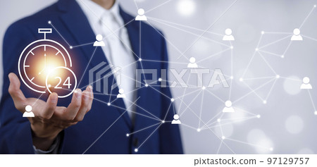 Clock 24h service and people icon Concept, Businessman hand holding clock and line people icon, time management and business work planning, idea and concept of the schedule of the daily routine, Clock 24h service and people icon Concept, Businessman hand holding clock and line people icon, time management and business work planning, idea and concept of the schedule of the daily routine, 97129757