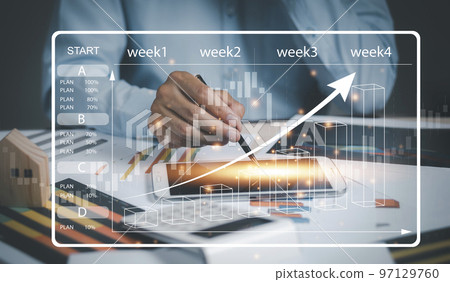 Project management and financial transactions online, business touch point at financial analyzing data while discussion, planning brand promotion budget, raising company awareness in social media Project management and financial transactions online, business touch point at financial analyzing data while discussion, planning brand promotion budget, raising company awareness in social media 97129760