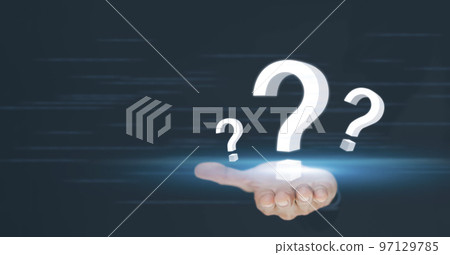 Ask question online concept, Businessman hand hold interface question marks sign web, Question marks drawn on black background. Concept of searching for an answer, Uncertainty and problem solving. 97129785