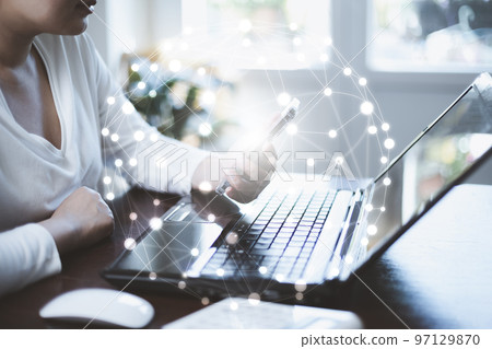 Smartphone with network and data exchanges over the world 3D rendering, Metaverse, and digital world online network Business concept, Technology, and Big Data,  artificial intelligence technology. 97129870