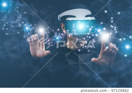 Man Wearing VR glasses virtual Global Internet connection metaverse, Metaverse digital cyber world technology concept, network connection and hologram screen displaying,Wireless connection futuristic. 97129882