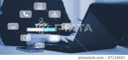 Hand touch bar of Update Software Computer Program Upgrade Business Technology Internet, Update on virtual screen. Internet and technology concept, loading bar with installing the update. 97129883