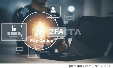 Smartphones online with Cybersecurity privacy protect data. 2FA internet network security technology, Two Factor Authentication, Cyber Security privacy protect data, Protection hacked connections 97129884