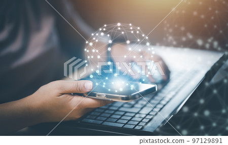 Smartphone with network and data exchanges over the world 3D rendering, Metaverse, and digital world online network Business concept, Technology, and Big Data,  artificial intelligence technology. 97129891