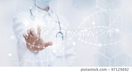 Doctor touch touch presenting DNA molecule research on the white background concept, Creation technologies for connection Mixed media,blurred background using digital network connection 3D rendering 97129892