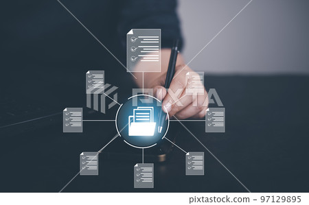 Hand using laptop and touch folder of document Management System, online documentation database and process automation to efficiently manage files work, knowledge, Corporate business technology, 97129895