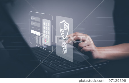Hand touch with scan the protection system cyber security, Login,User, identification information security and encryption, secure access to user's personal information, secure Internet access 97129896