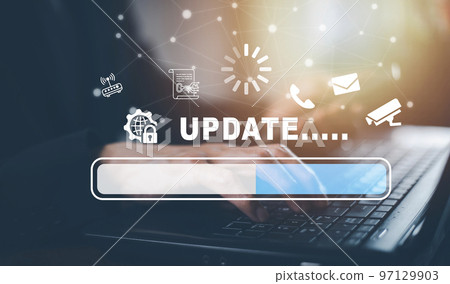 Hand touch bar of Update Software Computer Program Upgrade Business Technology Internet, Update on virtual screen. Internet and technology concept, loading bar with installing the update. 97129903