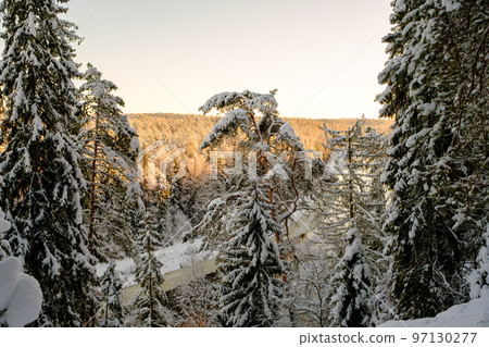 landscape with river in winter, river bank surrounded by trees, ice on the river, winter day, Gauja National Park. Latvia. landscape with river in winter, river bank surrounded by trees, ice on the river, winter day, Gauja National Park. Latvia. 97130277