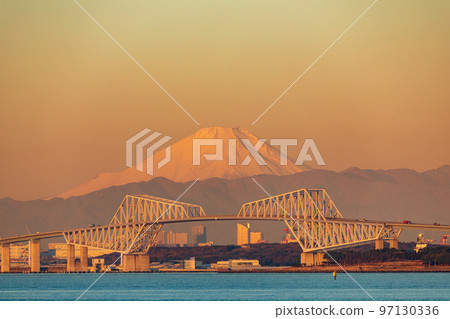 "Chiba Prefecture" Mt. Fuji over the Tokyo Gate Bridge dyed orange in the morning sun "Chiba Prefecture" Mt. Fuji over the Tokyo Gate Bridge dyed orange in the morning sun 97130336