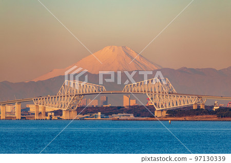 "Chiba Prefecture" Mt. Fuji over the Tokyo Gate Bridge dyed orange in the morning sun "Chiba Prefecture" Mt. Fuji over the Tokyo Gate Bridge dyed orange in the morning sun 97130339