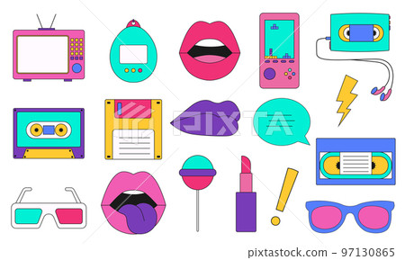 Collection of colorful stickers, icons in 90s style. Retro set from the era  of the 90s. Vintage tetris, tamagotchi, cassette,roller skates,diskette  Stock Vector Image & Art - Alamy