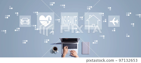 Insurance concept with person working with laptop Insurance concept with person working with laptop 97132653