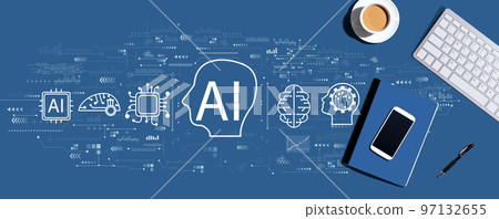 AI concept with computer keyboard and office items 97132655